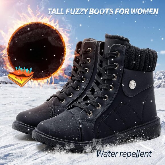 Waluzs Ankle Boot Women Black Polyurethane  lace up fleece interior And Soft - Picture 4 of 6